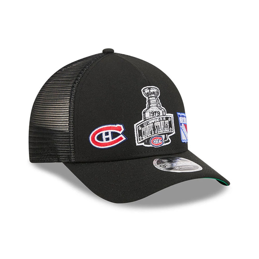 Canadiens NHL Stanley Cup Black New Era 9FORTY M-Crown A-Frame Trucker Adjustable Cap, front view showing embroidered team logos and Stanley Cup graphic on the front panels, black mesh back panels and grey 9FORTY size sticker on the curved visor.