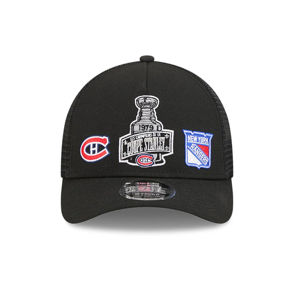 Canadiens NHL Stanley Cup Black New Era 9FORTY M-Crown A-Frame Trucker Adjustable Cap, front view showing the embroidered Stanley Cup graphic centred on the crown, flanked by Canadiens and New York Rangers logos.