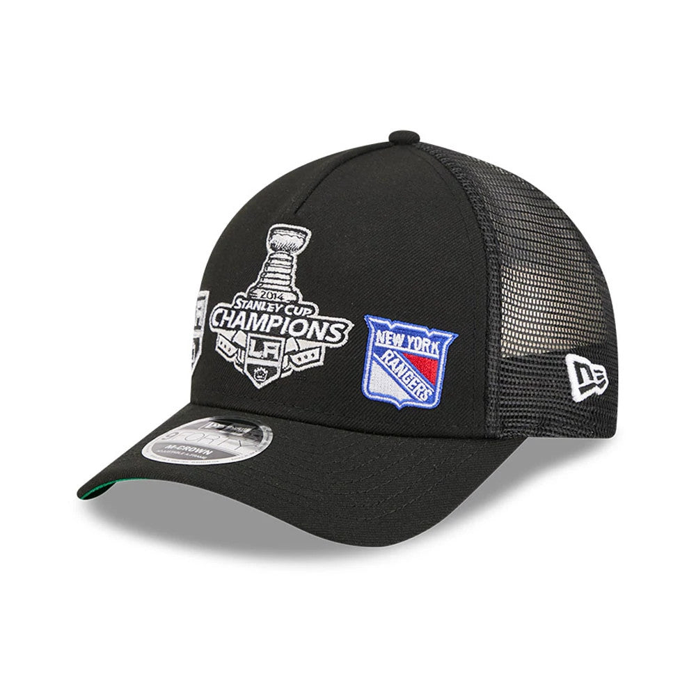 Kings NHL Stanley Cup Black New Era 9FORTY M-Crown A-Frame Trucker Adjustable Cap, three-quarter view showing the white embroidered 2014 Stanley Cup Champions graphic on the front panel, New York Rangers patch.