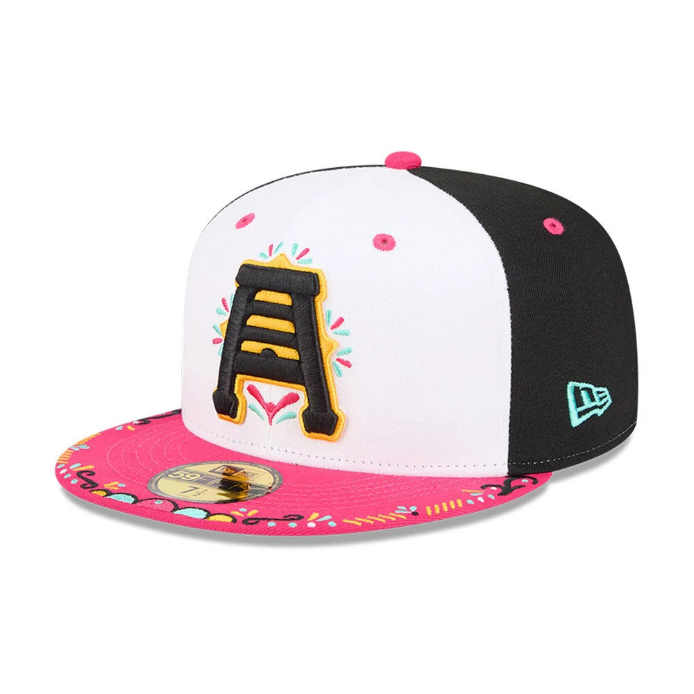 Salt Lake City Bee MiLB La Copa 2026 Black New Era 59FIFTY Fitted Cap, three-quarter view showing a raised black and gold embroidered A logo on the white front panel, with pink eyelets, a vibrantly decorated pink visor.