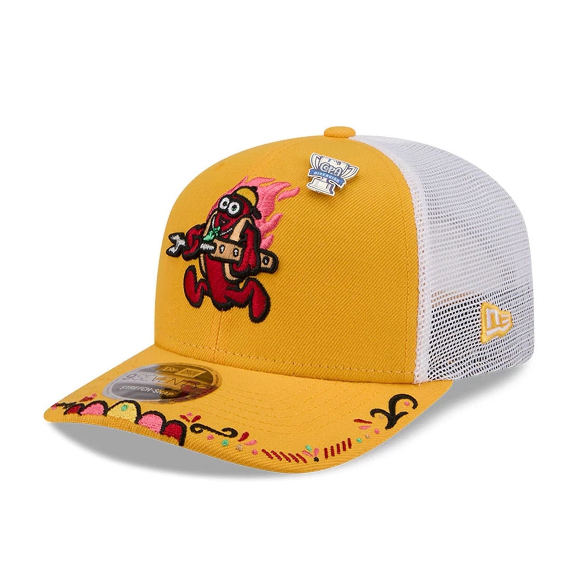 Pictured is this MiLB La Copa 2026 Akron Rubber Ducks 9SEVENTY Stretch Snap cap in dark yellow. 1