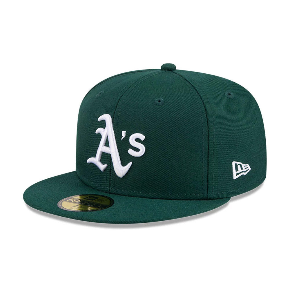 Athletics MLB Jackie Robinson Dark Green New Era 59FIFTY Fitted Cap, front view showing the raised white A's logo on the front panel, a flat dark green visor with a gold 59FIFTY size sticker, and the white New Era flag logo on the left side.