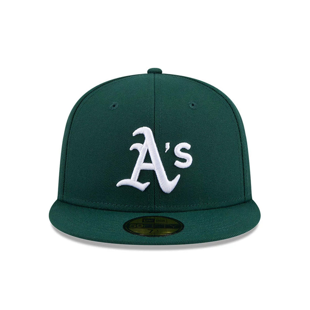 Athletics MLB Jackie Robinson Dark Green New Era 59FIFTY Fitted Cap, front view showing the raised white embroidered A's logo on the front panel, with a dark green flat visor featuring a gold 59FIFTY size sticker on top.