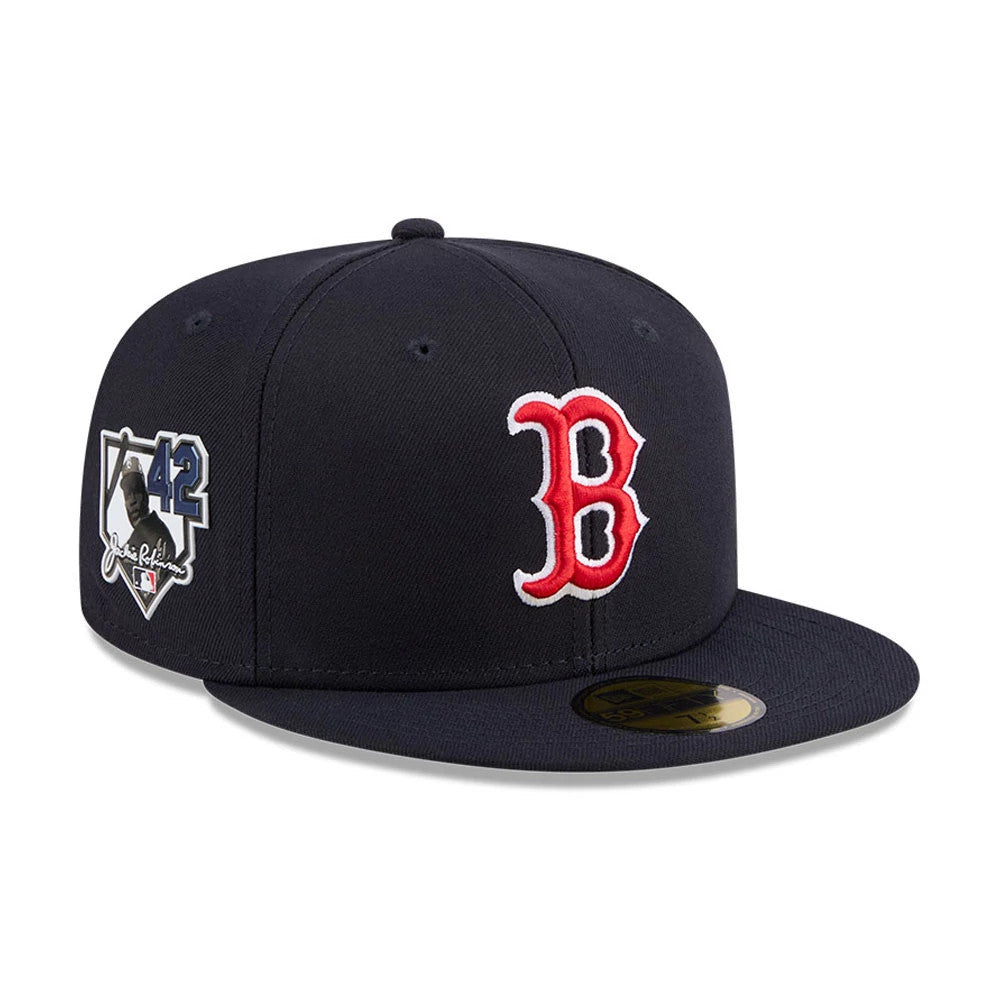 Boston Red Sox MLB Jackie Robinson Navy New Era 59FIFTY Fitted Cap, front view showing the raised red embroidered B logo on the front panel, detailed Jackie Robinson commemorative patch on the side.