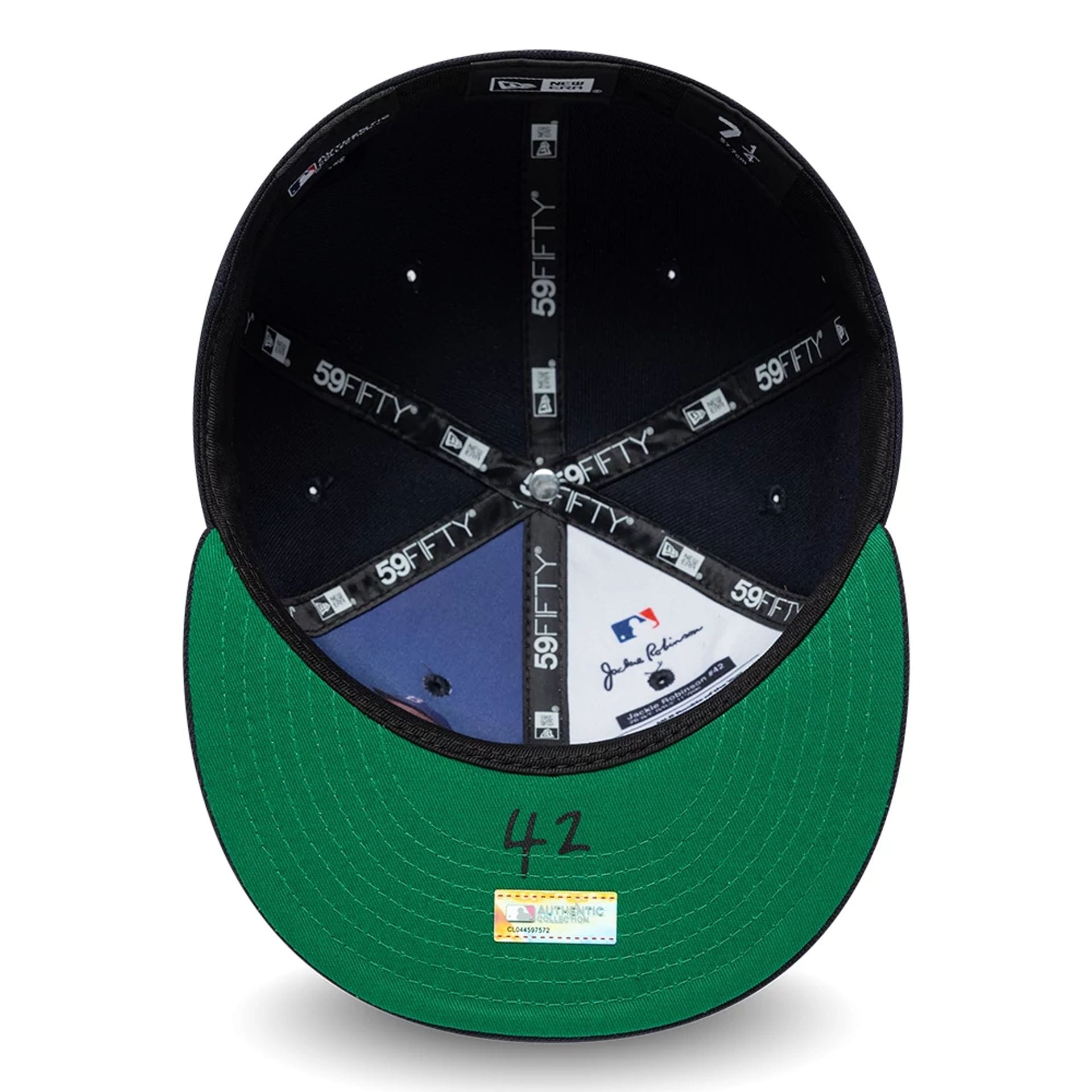 Pictured is this MLB Jackie Robinson New York Yankees 59FIFTY Fitted cap in navy. 2