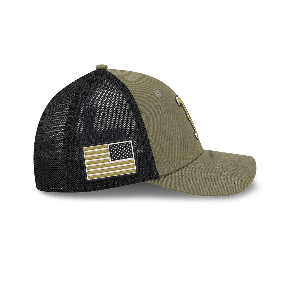Red Sox MLB Armed Forces Day 2026 Green New Era 39THIRTY M-Crown Stretch Fit Cap, side view showing the embroidered team logo on the front panel, a mesh back panel, and an American flag patch on the left side.