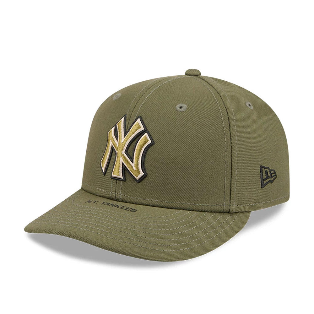Yankees MLB Armed Forces Day 2026 Green Low Profile New Era 59FIFTY Fitted Cap, three-quarter view showing a raised gold and black NY logo on the front panel, paired with the New Era flag logo on the left side and NY Yankees text on the green visor.