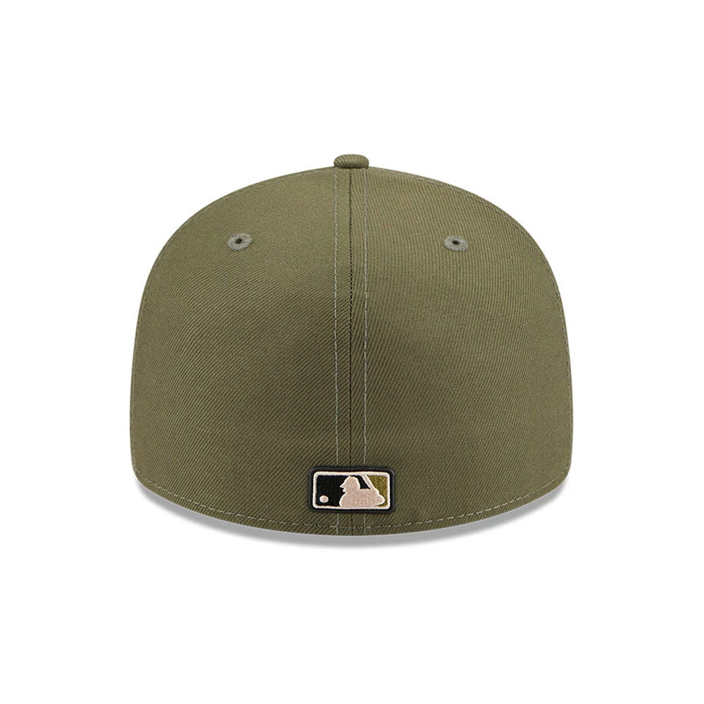 Yankees MLB Armed Forces Day 2026 Green Low Profile New Era 59FIFTY Fitted Cap, rear view showing the embroidered MLB Batterman logo in black and tan at the centre back, with two eyelets and a structured green crown.