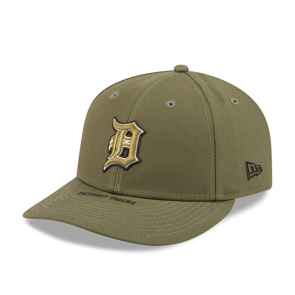 Tigers MLB Armed Forces Day 2026 Green Low Profile New Era 59FIFTY Fitted Cap, front view showing a raised gold embroidered D logo on the structured green crown, with a curved visor featuring Detroit Tigers lettering.