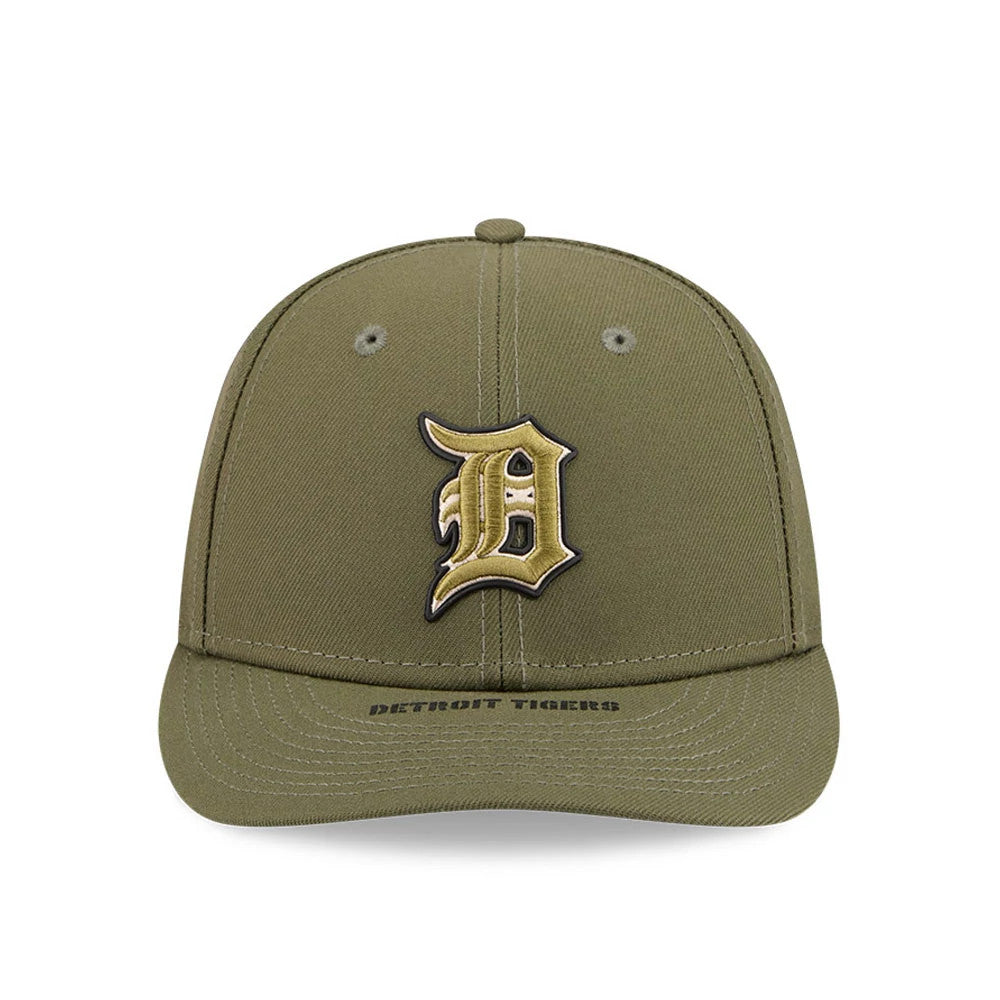 Tigers MLB Armed Forces Day 2026 Green New Era Low Profile 59FIFTY Fitted Cap, front view showing the gold D logo in raised embroidery on the structured green crown, with a matching flat visor and Detroit Tigers text embroidered underneath.