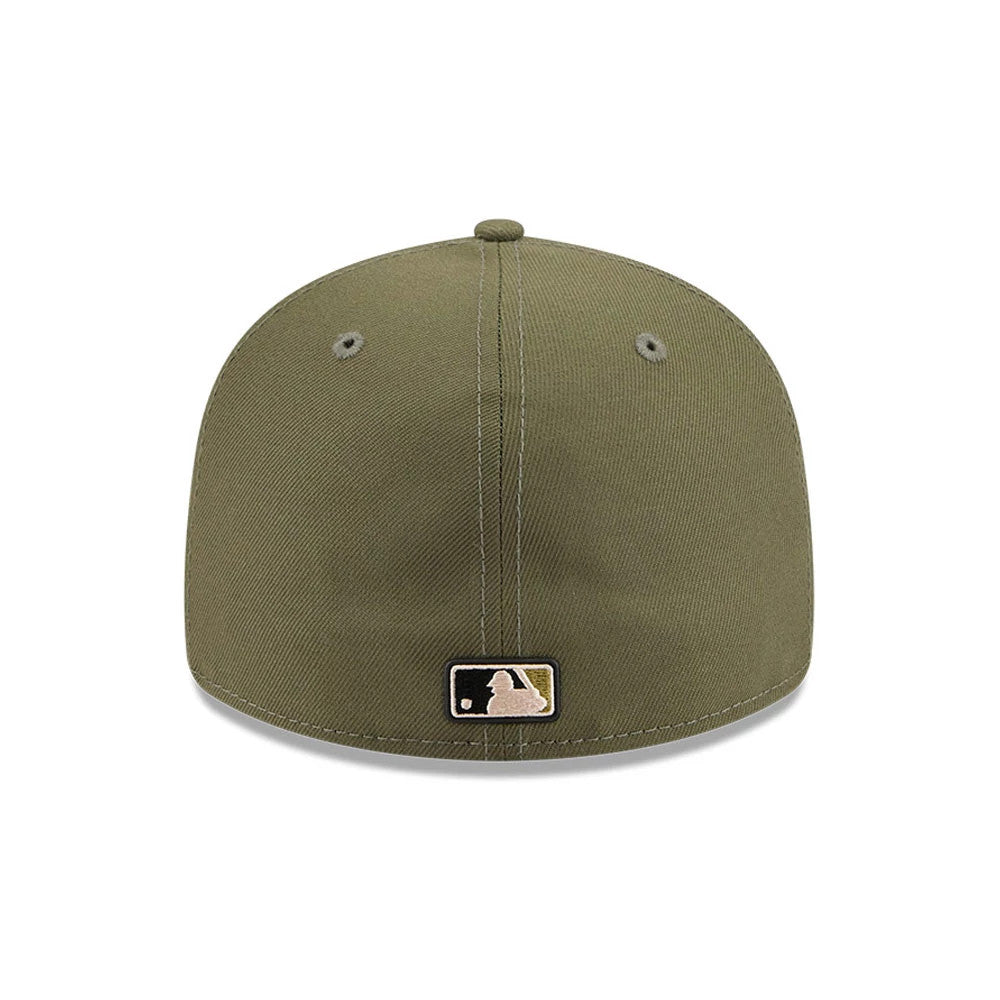 Tigers MLB Armed Forces Day 2026 Green New Era Low Profile 59FIFTY Fitted Cap, rear view showing the MLB Batterman logo centred on the back panels, an olive green structured crown, two embroidered eyelets, and a top button.