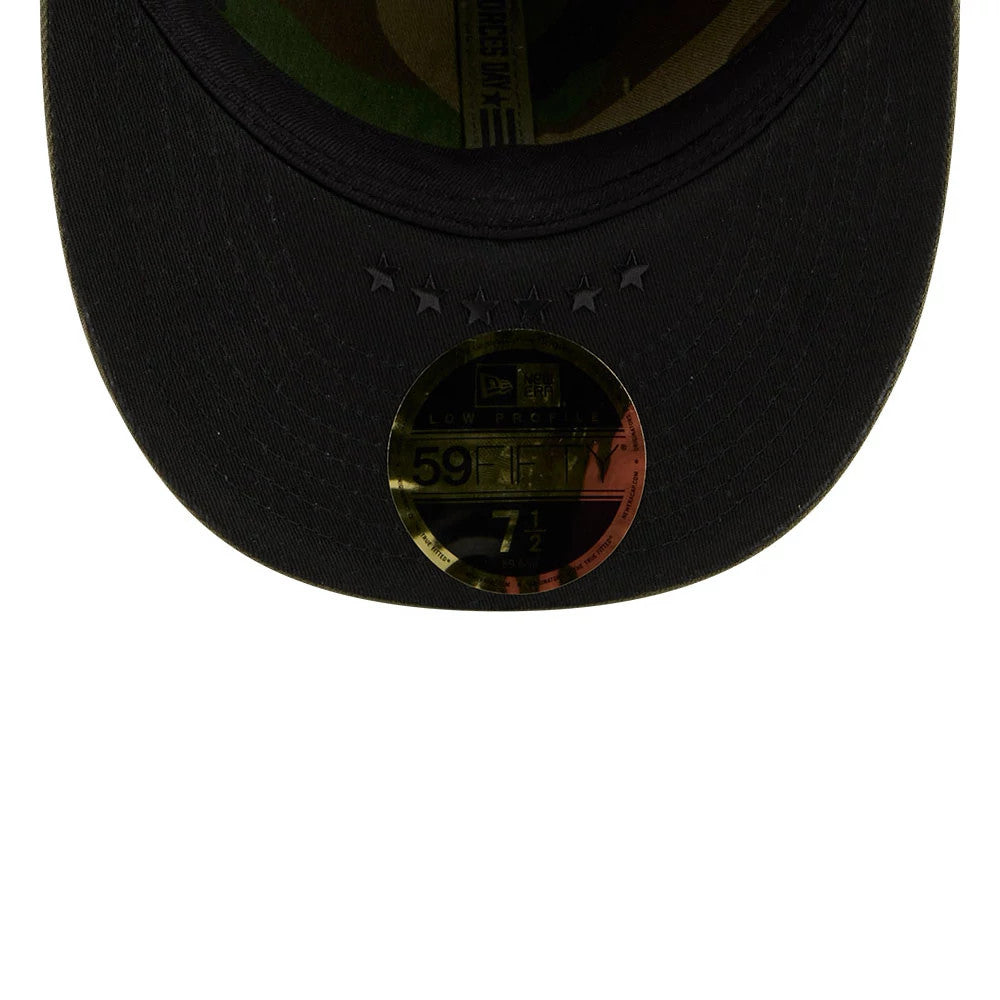 Tigers MLB Armed Forces Day 2026 Green Low Profile New Era 59FIFTY Fitted Cap, inside view showing the gold 59FIFTY size sticker on the undervisor, military green camo pattern on the taping, and five stars embroidered on the black visor.