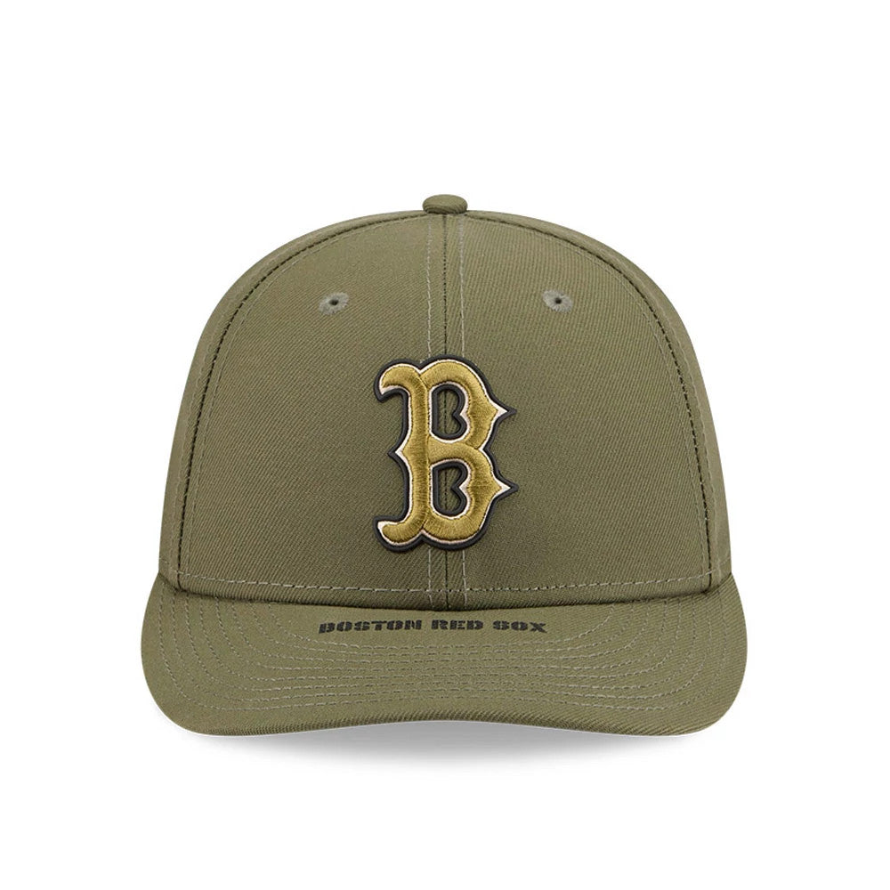 Red Sox MLB Armed Forces Day 2026 Green Low Profile New Era 59FIFTY Fitted Cap, front view showing the gold embroidered B logo on the structured green crown, with matching green flat visor featuring Boston Red Sox text in black embroidery.