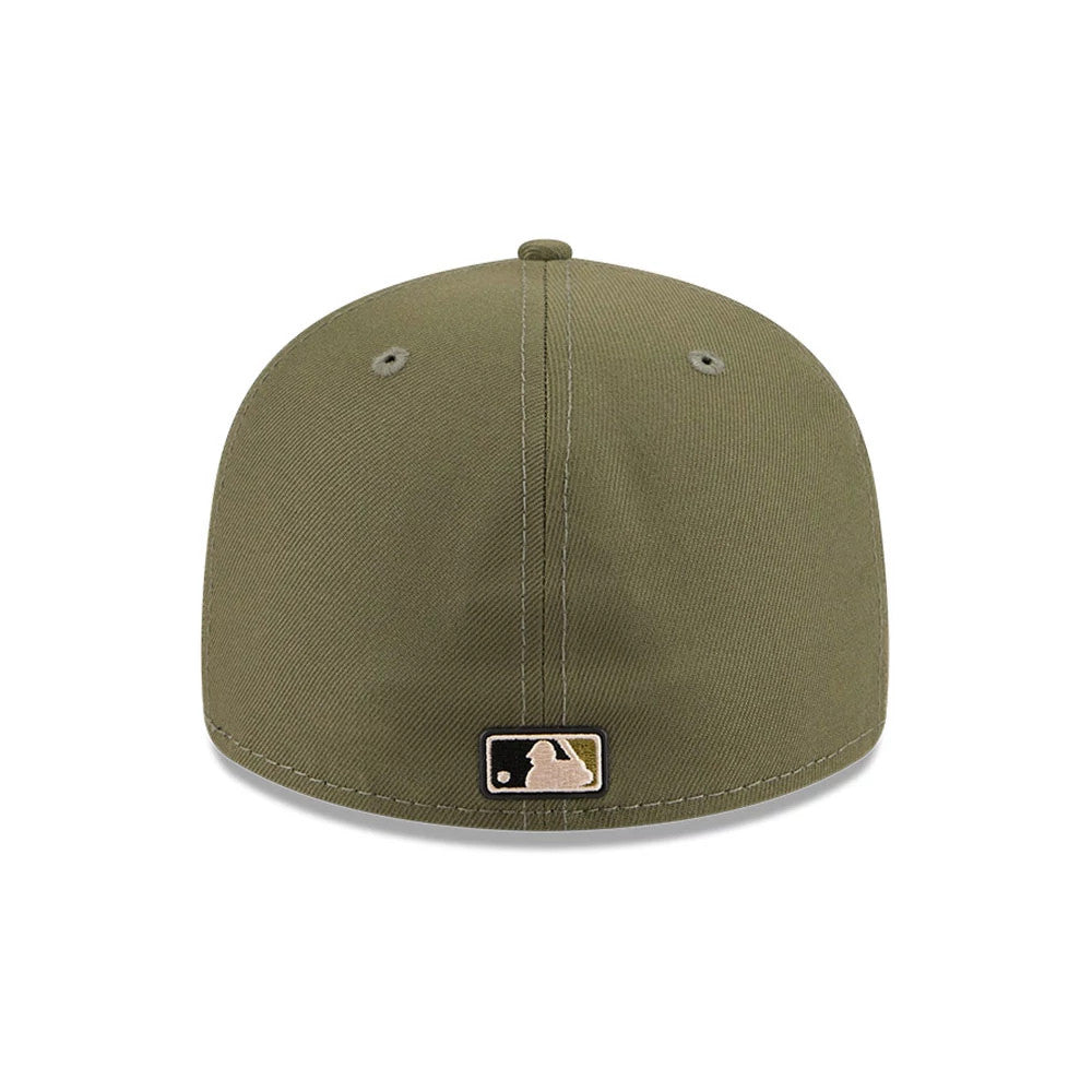 Red Sox MLB Armed Forces Day 2026 Green Low Profile New Era 59FIFTY Fitted Cap, rear view showing the brown embroidered MLB Batterman logo at the centre of the back panels, with eyelets on the structured green crown.