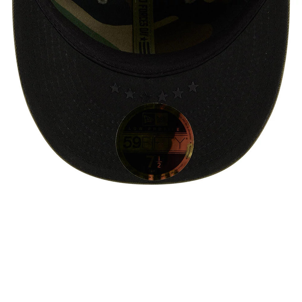 Red Sox MLB Armed Forces Day 2026 Green Low Profile New Era 59FIFTY Fitted Cap, inside view showing a black sweatband, camo-patterned undervisor, and gold 59FIFTY size sticker, complemented by star near the visor's edge.