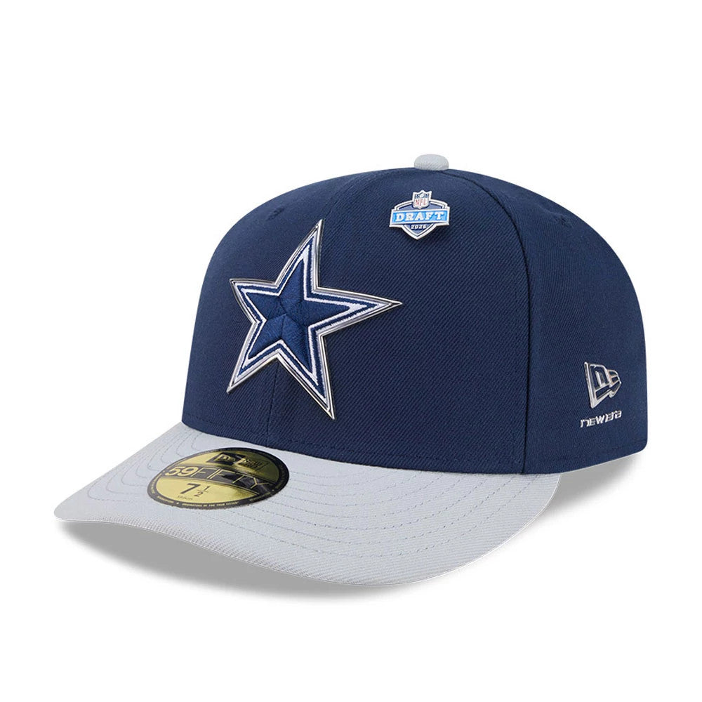 Dallas Cowboys NFL Draft 2026 Dark Blue New Era 59FIFTY Fitted Cap, three-quarter view showing the raised embroidered white and blue star logo on the front panel, a contrasting grey visor with a gold 59FIFTY size sticker.