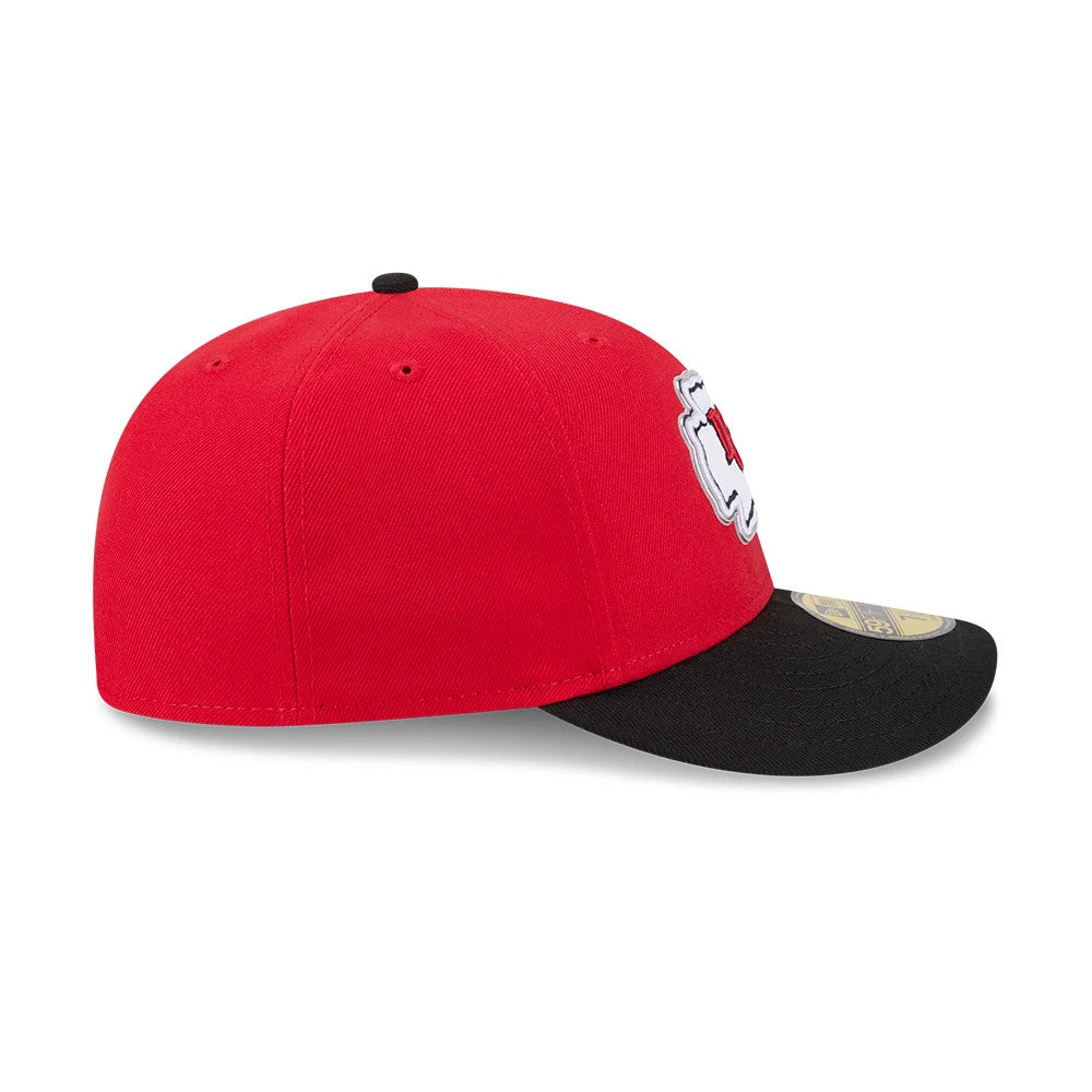 Kansas City Chiefs NFL Draft 2026 Red New Era 59FIFTY Fitted Cap, side view showing the raised white and red team logo embroidered on the front panel, with a structured red crown, a black flat visor, and a gold 59FIFTY size sticker.