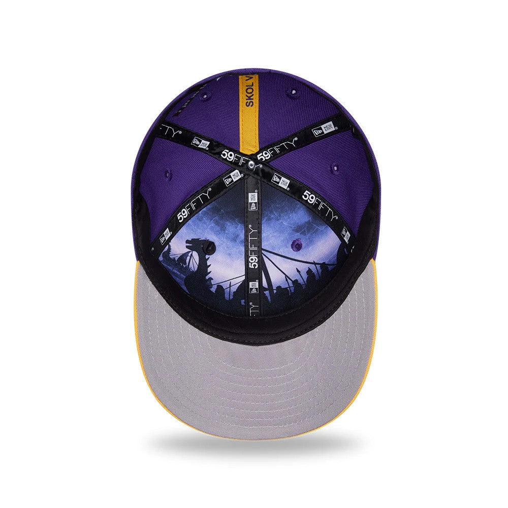 Minnesota Vikings NFL Draft 2026 Purple New Era 59FIFTY Fitted Cap, inside view showing Skol Vikings text on the yellow taped seam, Viking graphic on the purple crown panels, and grey undervisor with a contrasting yellow edge.