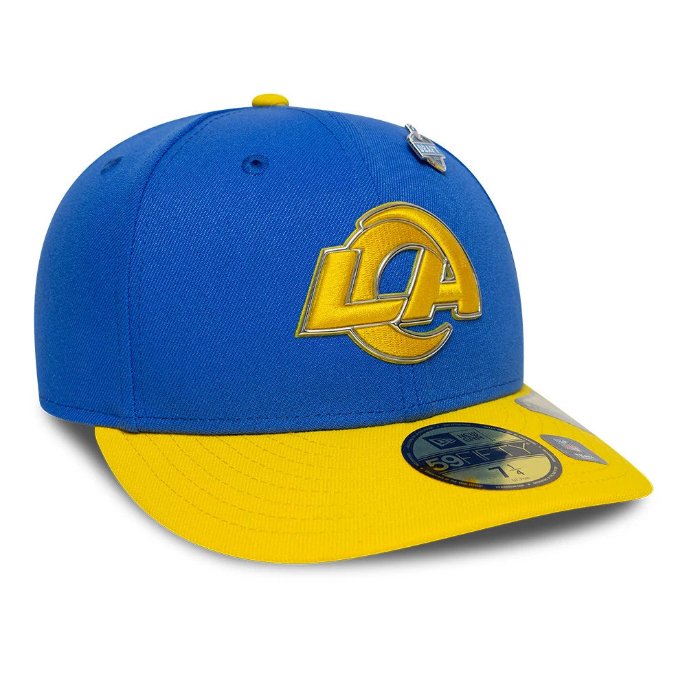 LA Rams NFL Draft 2026 Bright Blue New Era 59FIFTY Fitted Cap, three-quarter view showing raised yellow LA logo embroidery on the front panel, bright yellow flat visor with a gold 59FIFTY size sticker, and top button matching the visor colour.