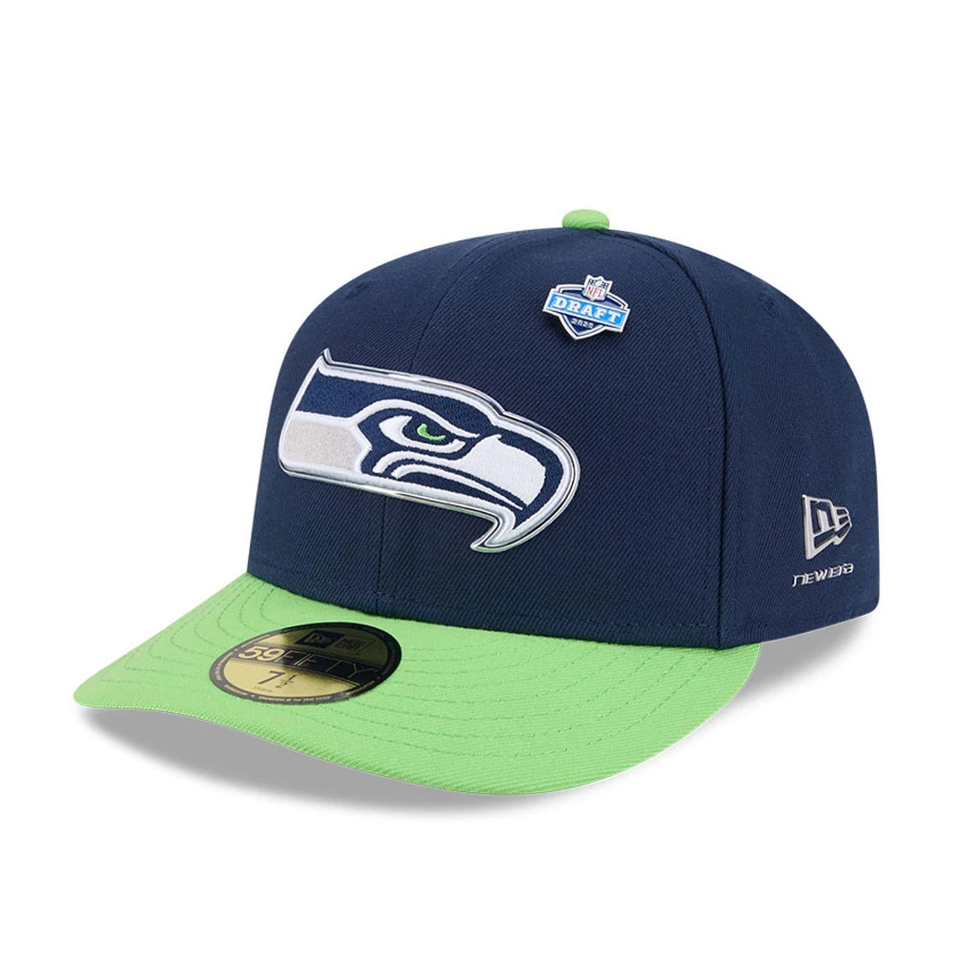 Pictured is this NFL Draft 2026 Seattle Seahawks 59FIFTY Fitted cap in dark blue. 1