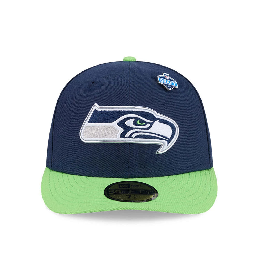 Seattle Seahawks NFL Draft 2026 Dark Blue New Era 59FIFTY Fitted Cap, front view showing the raised embroidered white and green team logo on the front panel, paired with a contrasting bright green visor and gold 59FIFTY size sticker.