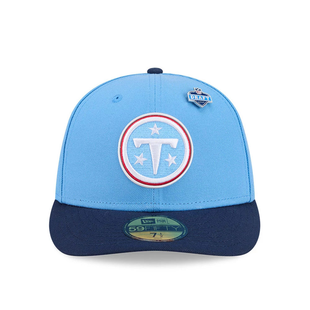 Tennessee Titans NFL Draft 2026 Blue New Era 59FIFTY Fitted Cap, front view showing a raised white embroidered team logo on the light blue front panel, a blue visor with a gold 59FIFTY size sticker, and a pin on the right side.