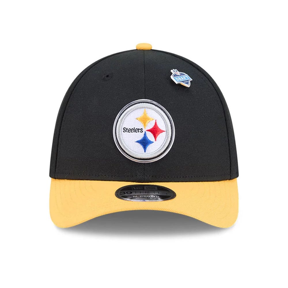 Pictured is this NFL Draft 2026 Pittsburgh Steelers 39THIRTY M-Crown Stretch Fit cap in black. 2