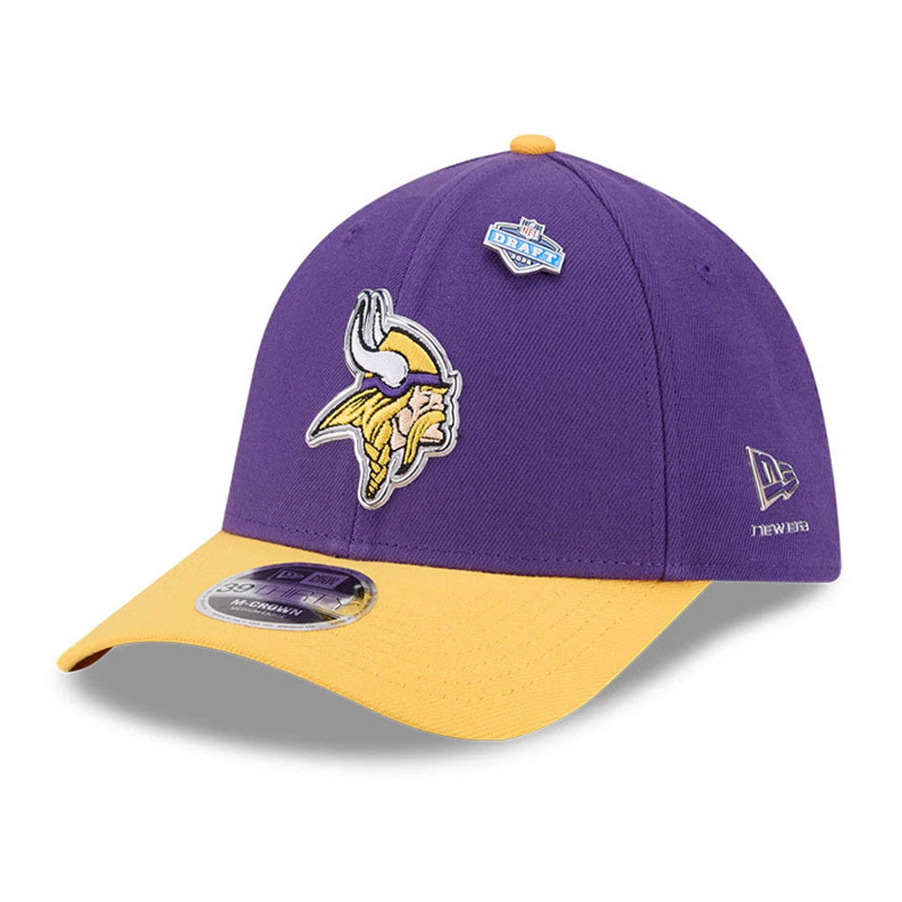 Minnesota Vikings NFL Draft 2026 Purple New Era 39THIRTY M-Crown Stretch Fit Cap, front view showing the raised embroidered Vikings logo in white and yellow on the purple crown, with a contrasting yellow visor and NFL Draft pin above.