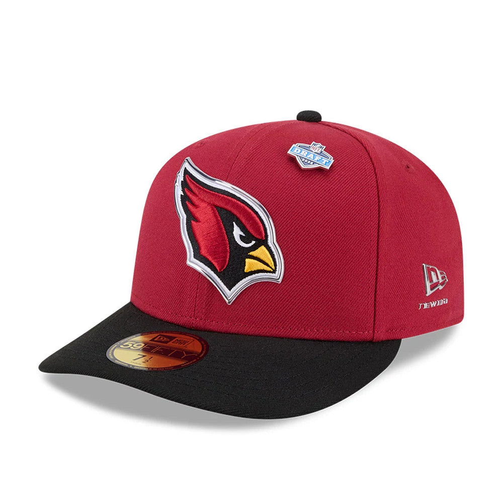 Arizona Cardinals NFL Draft 2026 Dark Red New Era 59FIFTY Fitted Cap, three-quarter view showing the raised red and black team logo with yellow beak on the front panel, a black flat visor with a gold 59FIFTY size sticker.