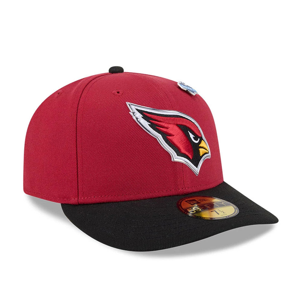 Arizona Cardinals NFL Draft 2026 Dark Red New Era 59FIFTY Fitted Cap, front view showing the raised embroidered Cardinals logo on the red structured crown, black flat visor, and a gold 59FIFTY size sticker on the visor.