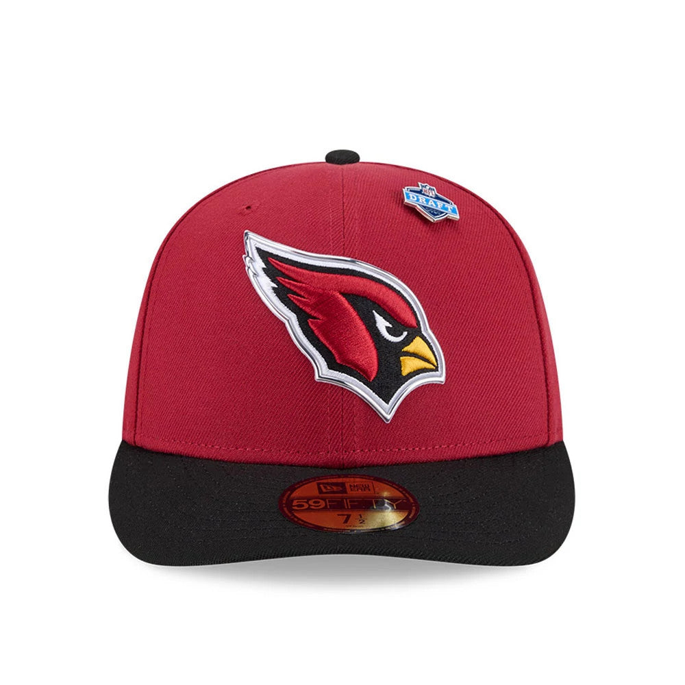 Arizona Cardinals NFL Draft 2026 Dark Red New Era 59FIFTY Fitted Cap, front view showing the raised embroidered Cardinals head logo on the front panel, a black flat visor, and the gold 59FIFTY size sticker on the visor.