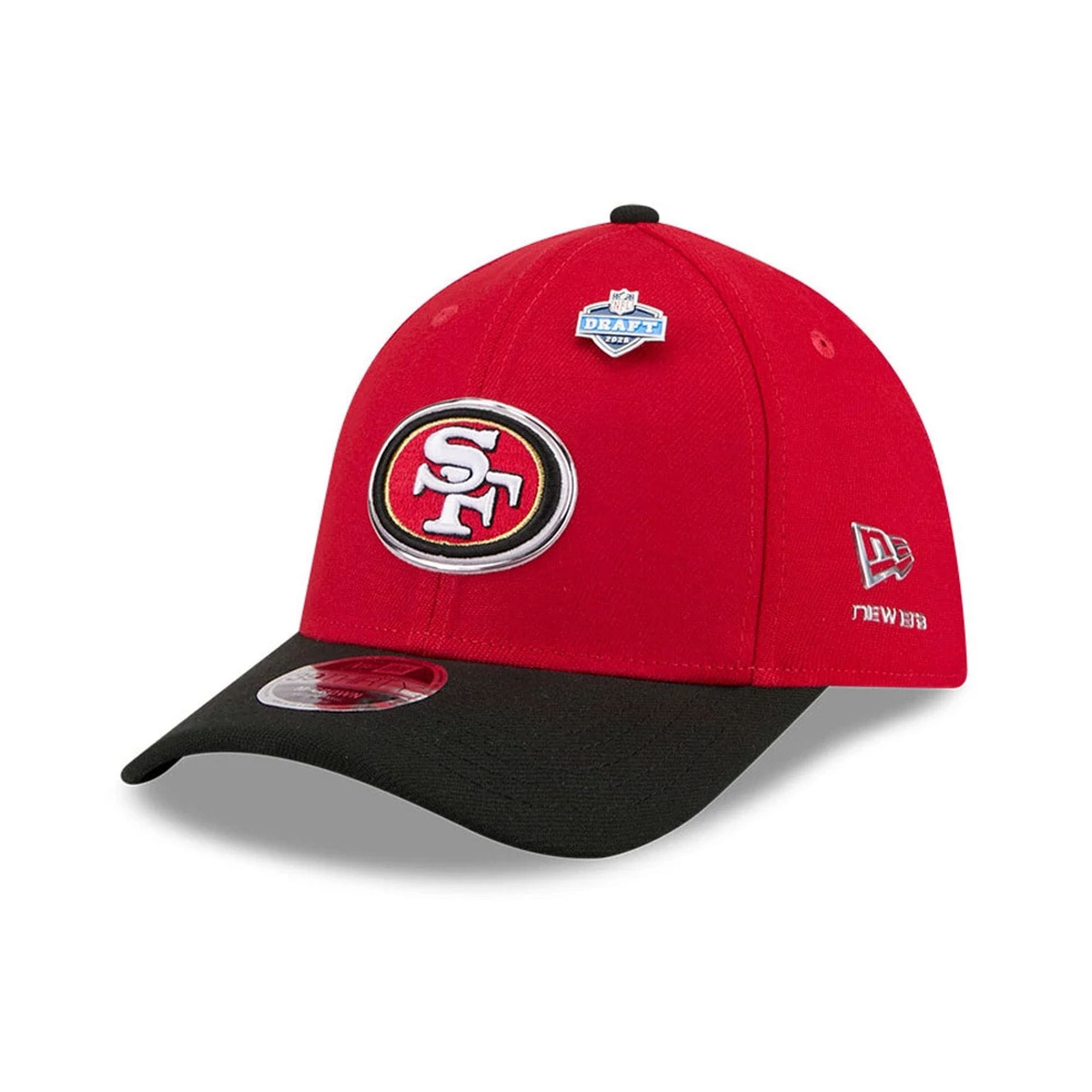 Pictured is this NFL Draft 2026 San Francisco 49ers 39THIRTY M-Crown Stretch Fit cap in red. 1