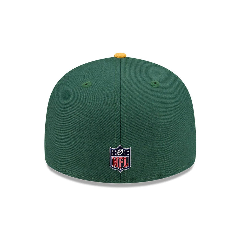 Green Bay Packers NFL Draft 2026 Dark Green New Era 59FIFTY Fitted Cap, rear view showing the NFL Shield logo embroidered at the centre of the back panels on a dark green structured crown, with a contrasting yellow top button.