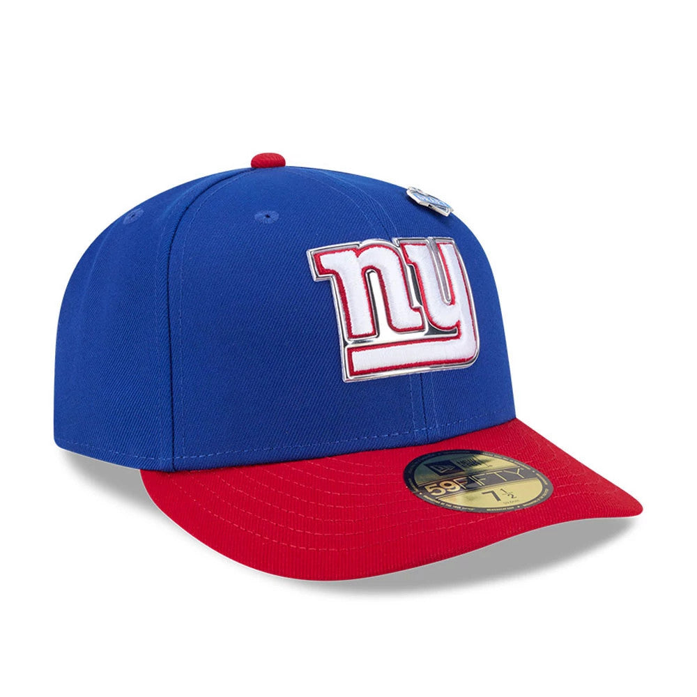 New York Giants NFL Draft 2026 Blue New Era 59FIFTY Fitted Cap, front view showing the red and white raised embroidered ny logo on the front panel, paired with a contrasting red visor and gold 59FIFTY size sticker on the top of the visor.