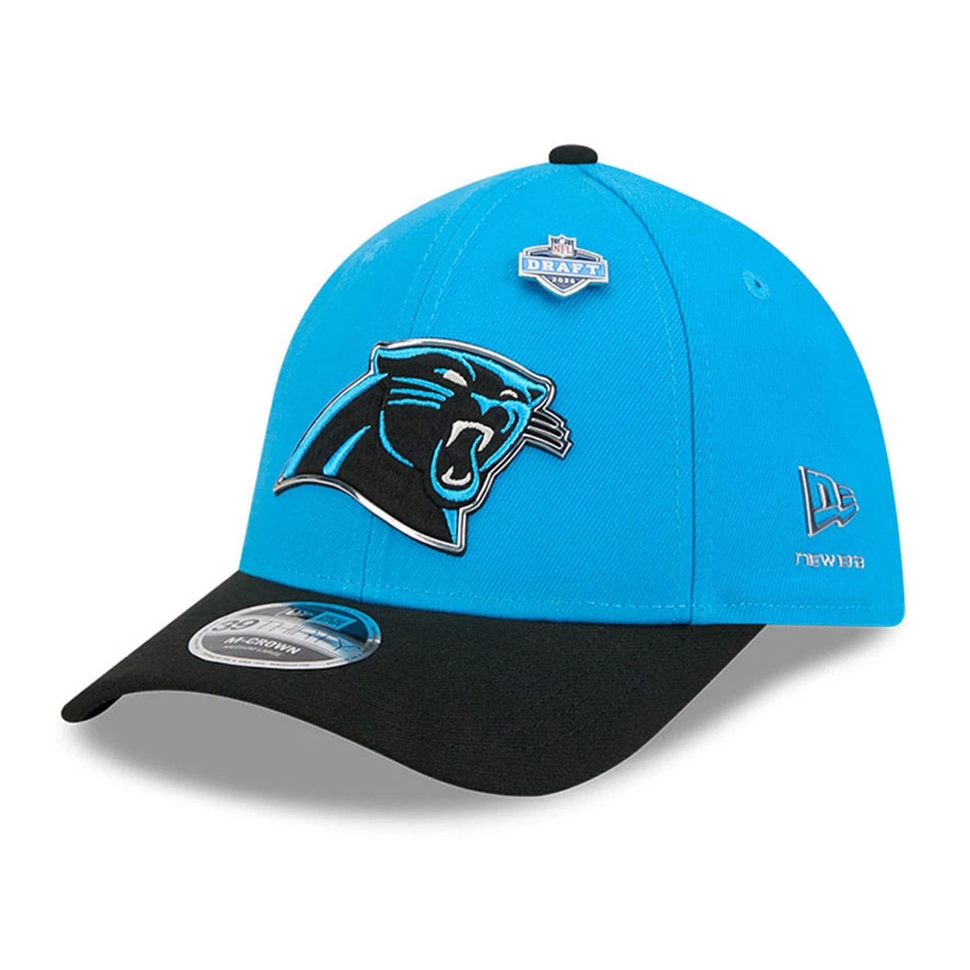 Pictured is this NFL Draft 2026 Carolina Panthers 39THIRTY M-Crown Stretch Fit cap in blue. 1