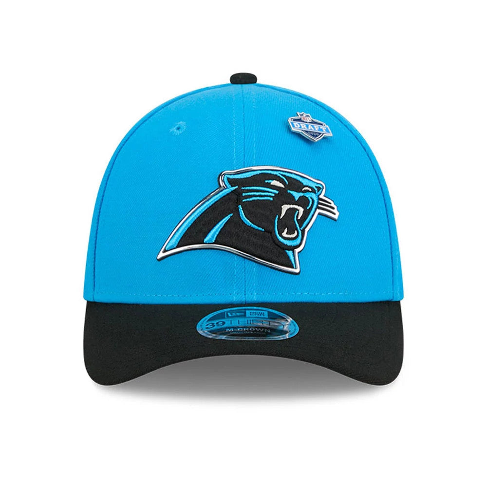Carolina Panthers NFL Draft 2026 Blue New Era 39THIRTY M-Crown Stretch Fit Cap, front view showing the raised embroidered black panther logo on the blue crown, with a contrasting black curved visor and a blue 39THIRTY size sticker.