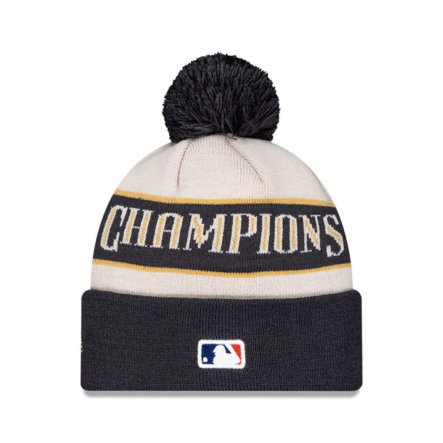 Pictured is this LA Dodgers MLB World Series Champions 2025 White Bobble Knit Beanie hat. 2