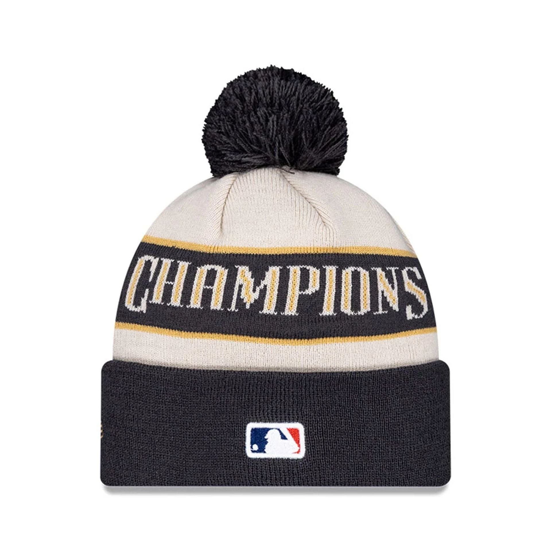 Pictured is this LA Dodgers MLB World Series Champions 2025 White Bobble Knit Beanie hat. 2