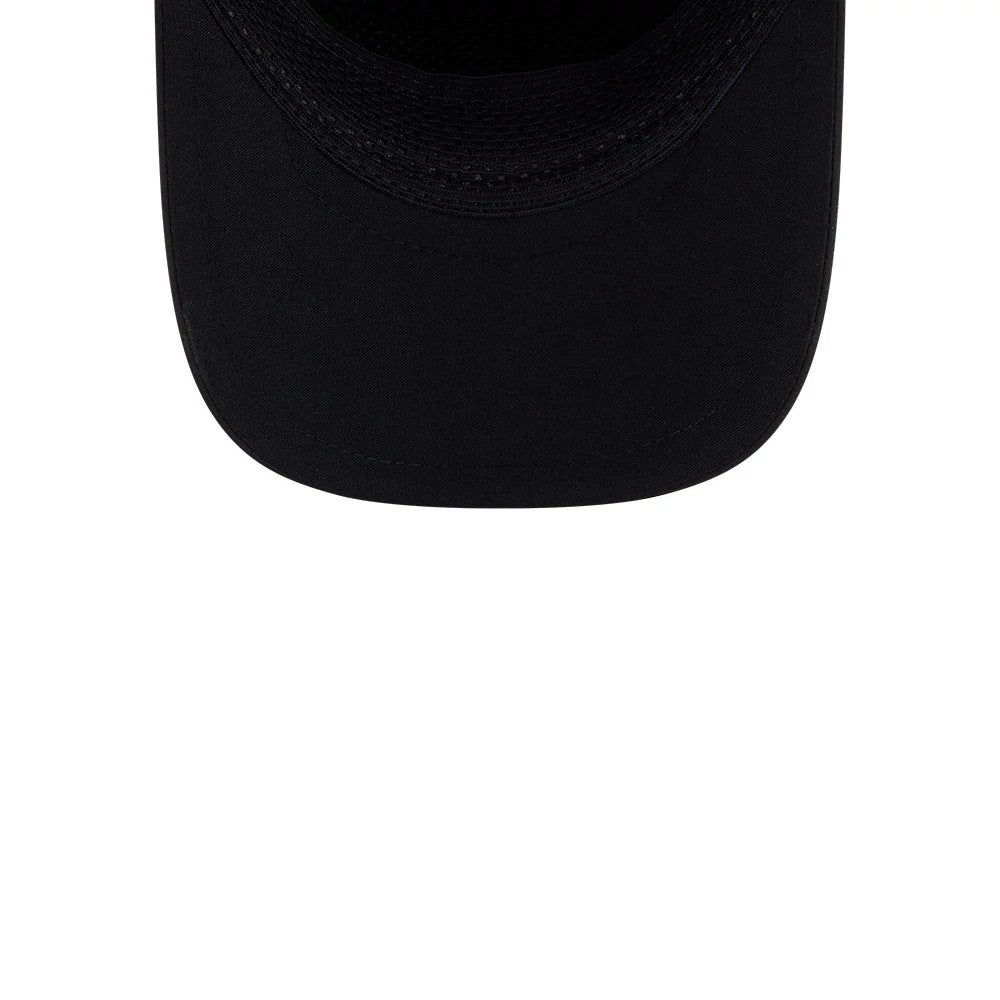 Raiders NFL Quickstrike Black New Era 9FORTY Apex Adjustable Cap, inside view showing the black sweatband encircling the interior and the matching black undervisor, highlighting the craftsmanship and monochromatic design elements.