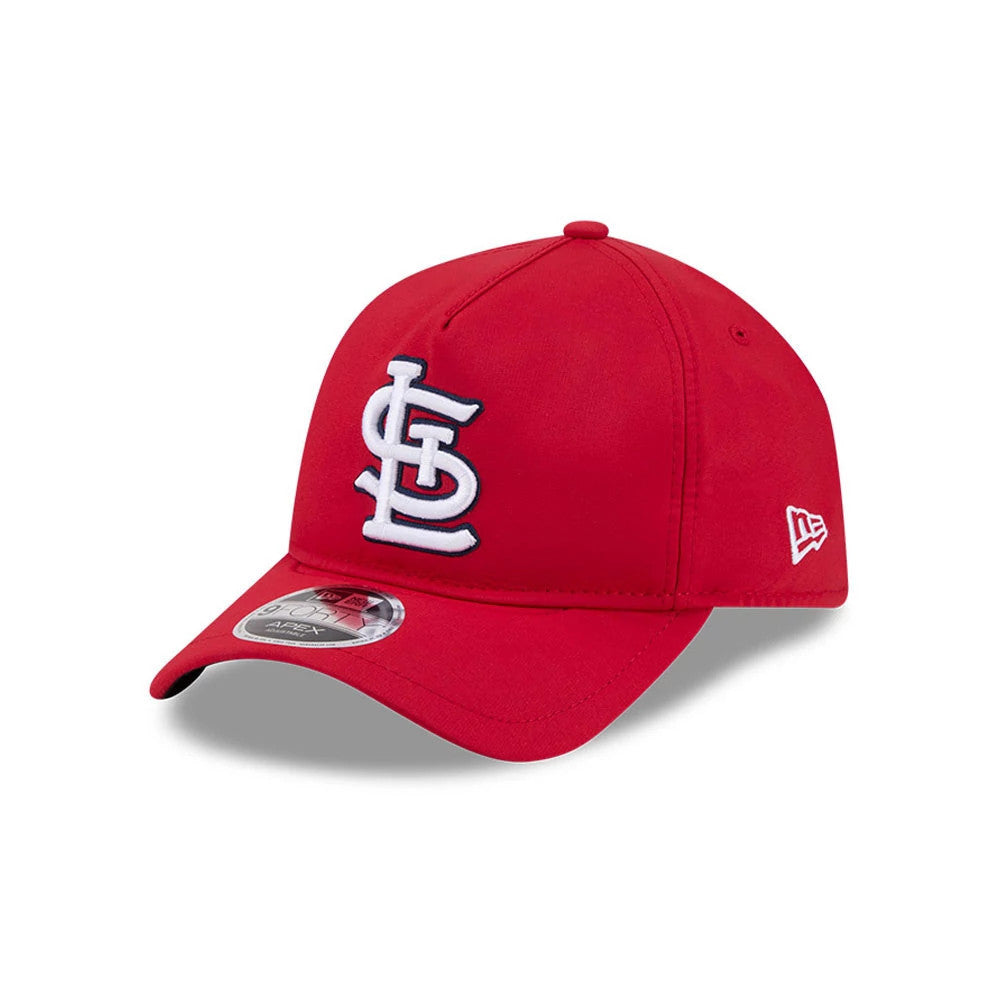 St. Louis Cardinals MLB Quickstrike Red New Era 9FORTY Apex Adjustable Cap, three-quarter view showing the raised white embroidered STL logo on the front panel, curved red visor with a 9FORTY size sticker, and New Era flag logo on the left side.