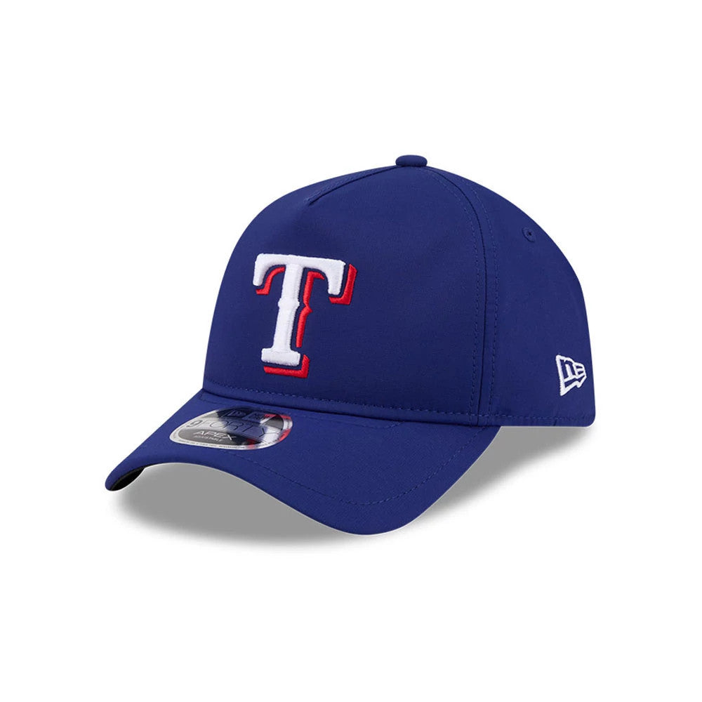 Texas Rangers MLB Quickstrike Dark Blue New Era 9FORTY Apex Adjustable Cap, front view showing the raised white embroidered T logo outlined in red on the structured dark blue crown, with a 9FORTY size sticker on the curved visor.