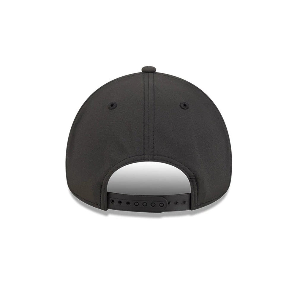 LA Dodgers MLB Quickstrike Black on Black New Era 9FORTY Apex Adjustable Cap, rear view showing the plain design with a black adjustable strap, top button and matching black eyelets on a structured crown.