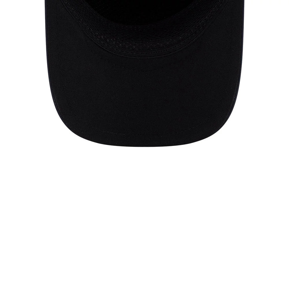 Houston Astros MLB Quickstrike Navy New Era 9FORTY Apex Adjustable Cap, inside view showing the black sweatband lining the edge under a curved black visor, contrasting with the dark interior of the structured navy cap.