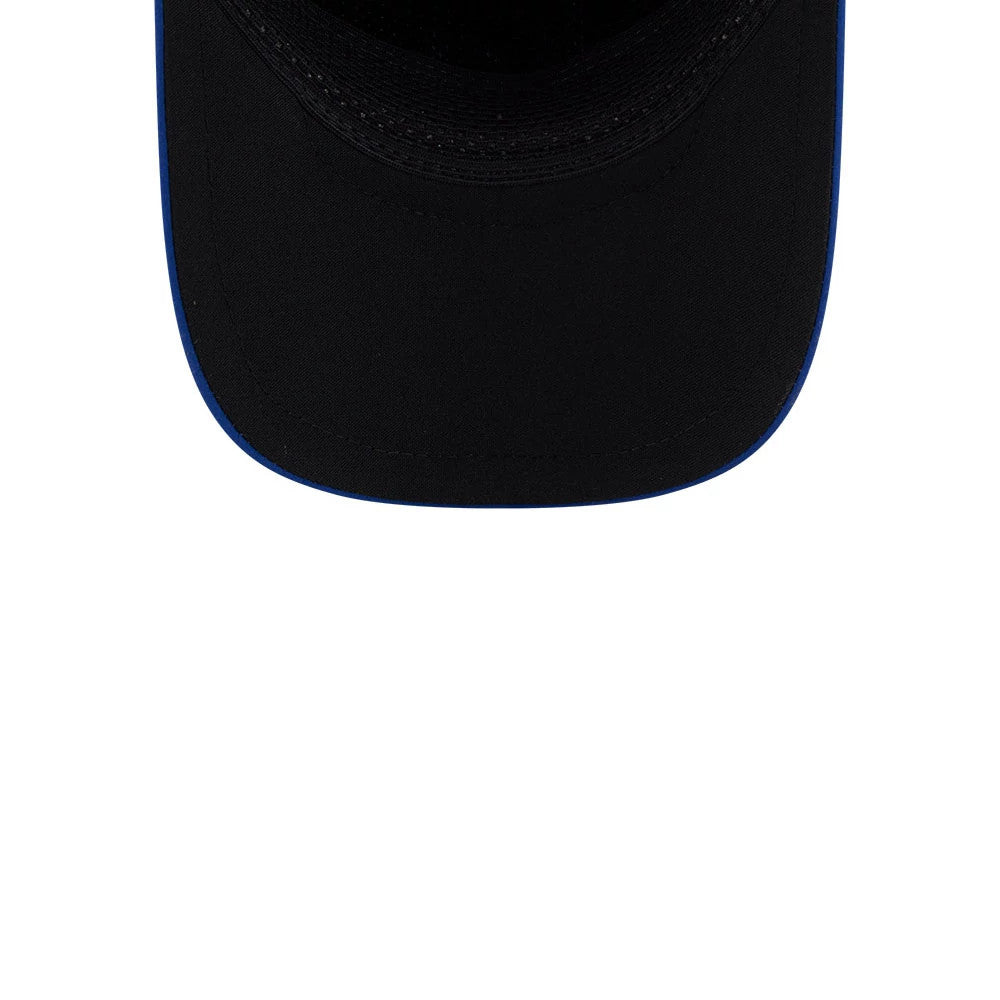 Kansas City Royals MLB Quickstrike Blue New Era 9FORTY Apex Adjustable Cap, inside view showing the black sweatband, matching black undervisor with blue piping along the edge, and detailed stitching on the inner side of the visor.