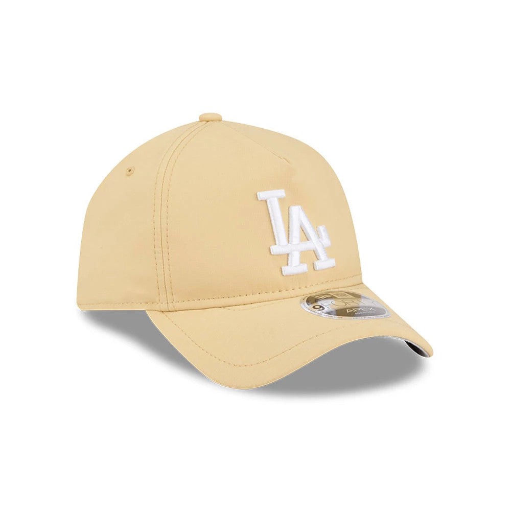 LA Dodgers MLB Quickstrike Yellow New Era 9FORTY Apex Adjustable Cap, three-quarter view showing the white, raised embroidered LA logo on the front panel, curved visor with a 9FORTY size sticker, and a structured yellow crown with top button.