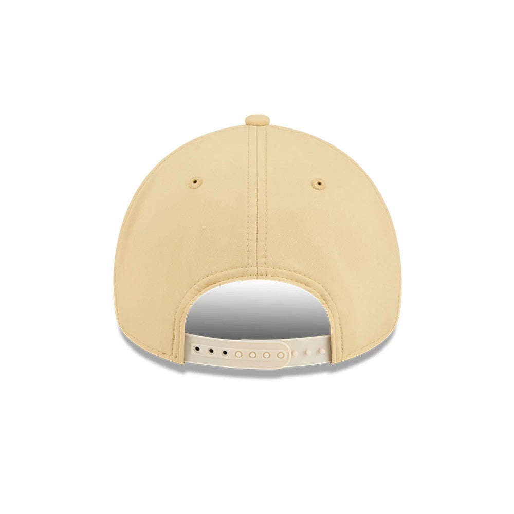 LA Dodgers MLB Quickstrike Yellow New Era 9FORTY Apex Adjustable Cap, rear view showing a plain back without logos, featuring an adjustable snap closure, two small embroidered eyelets, and a top button on a lightly structured yellow crown.