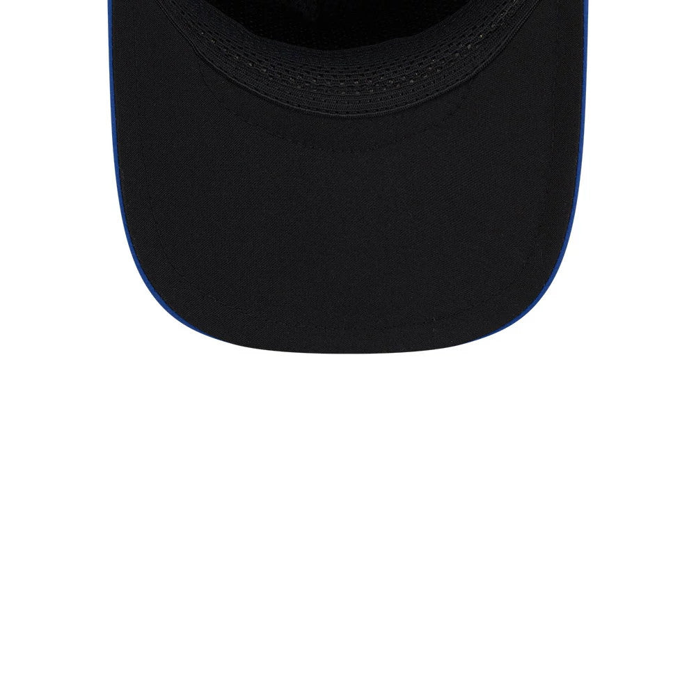 Chicago Cubs MLB Quickstrike Blue New Era 9FORTY Apex Adjustable Cap, inside view showing a black undervisor with blue trim, the inner seams with black taping, and a portion of the sweatband.
