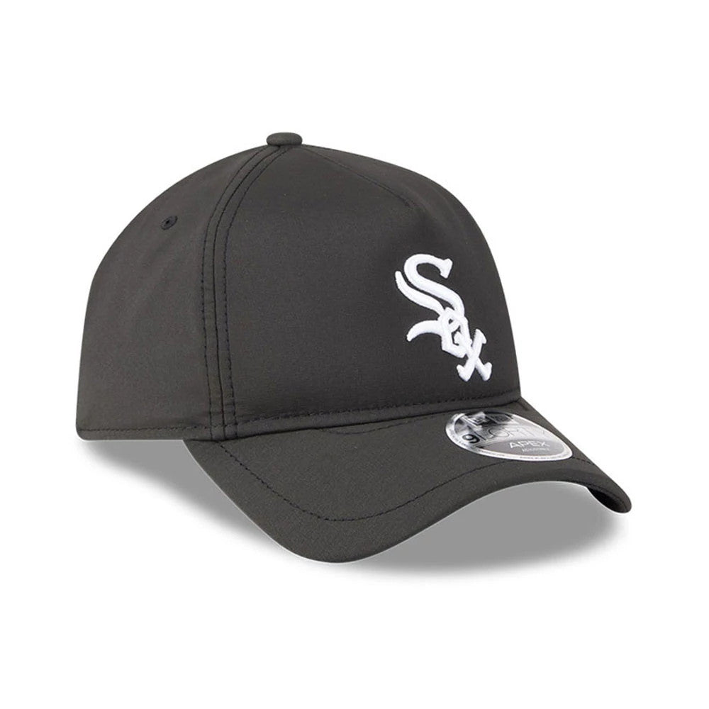 Chicago White Sox MLB Quickstrike Black New Era 9FORTY Apex Adjustable Cap, three-quarter view showing the raised white Sox logo embroidered on the front panel, a black curved visor, and the 9FORTY size sticker on the visor.