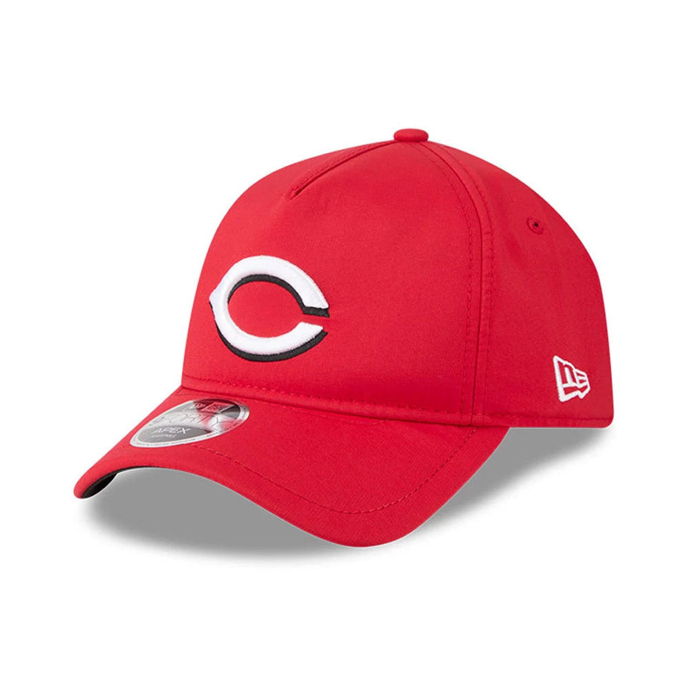 Cincinnati Reds MLB Quickstrike Red New Era 9FORTY Apex Adjustable Cap, three-quarter view showing the raised white and black embroidered team logo on the front panel, the red structured crown and visor, and the 9FORTY size sticker on the visor.