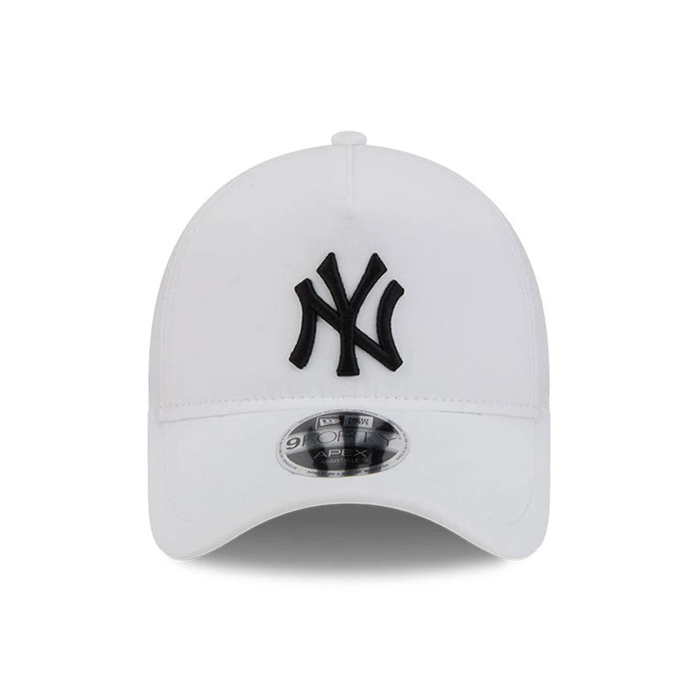 New York Yankees MLB Quickstrike White New Era 9FORTY Apex Adjustable Cap, front view showing the raised black NY logo embroidered on the white front panel, curved white visor with a 9FORTY size sticker, and matching top button.